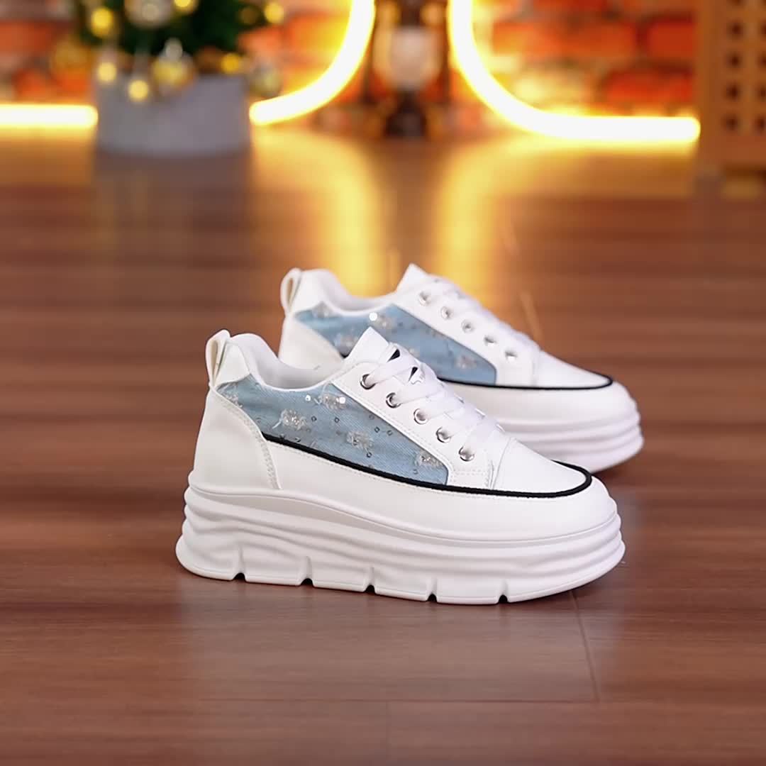 Denim & Siyah Işıltı: Yüksek Tabanlı Nefes Alan Yazlık Kadın Sneaker 5cm Topuk