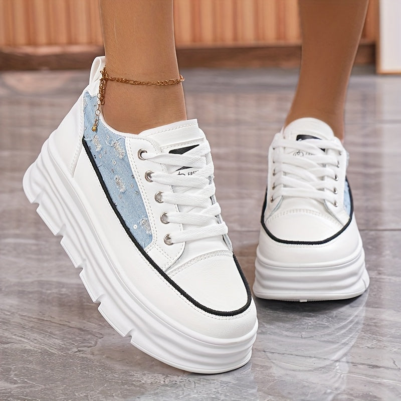 Denim & Siyah Işıltı: Yüksek Tabanlı Nefes Alan Yazlık Kadın Sneaker 5cm Topuk