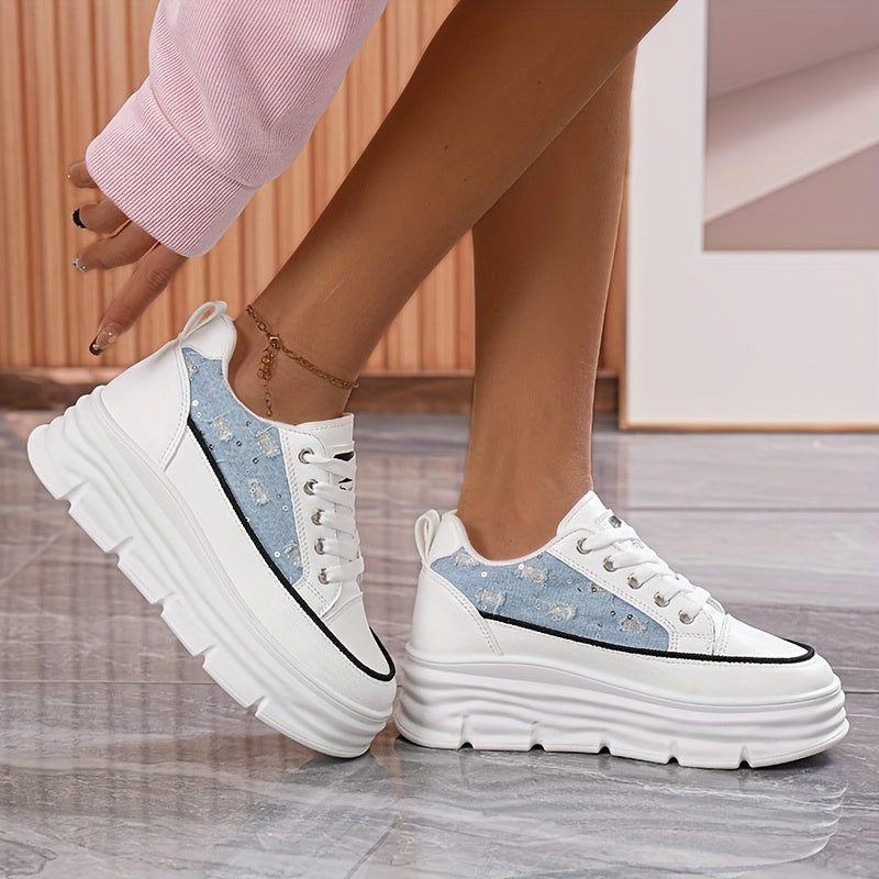 Denim & Siyah Işıltı: Yüksek Tabanlı Nefes Alan Yazlık Kadın Sneaker 5cm Topuk