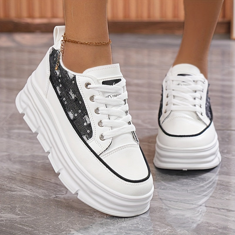 Denim & Siyah Işıltı: Yüksek Tabanlı Nefes Alan Yazlık Kadın Sneaker 5cm Topuk