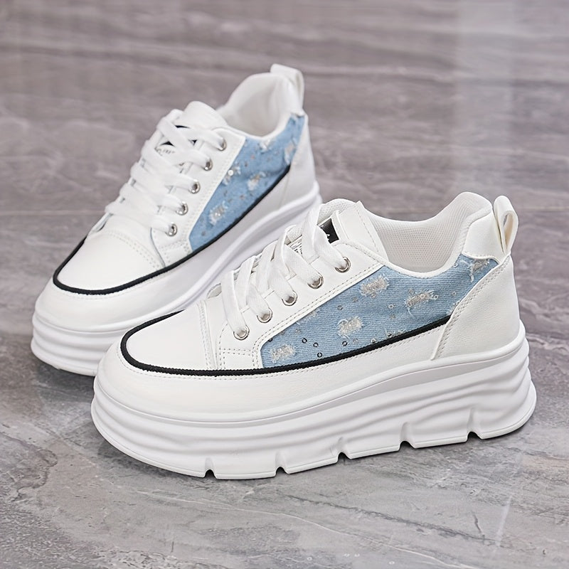 Denim & Siyah Işıltı: Yüksek Tabanlı Nefes Alan Yazlık Kadın Sneaker 5cm Topuk