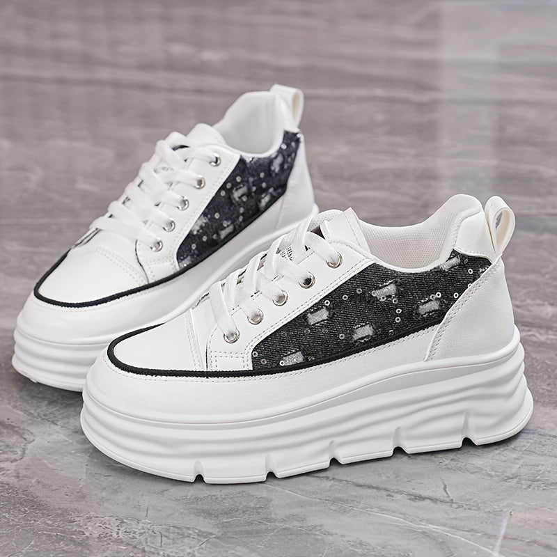 Denim & Siyah Işıltı: Yüksek Tabanlı Nefes Alan Yazlık Kadın Sneaker 5cm Topuk